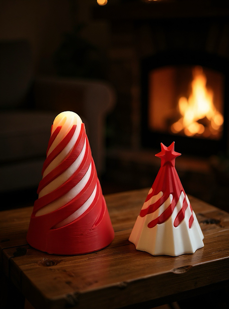 Festive Christmas Tree Decorative Cones, Red and White Swirl Pattern , Holiday Party Decor, Each Cone Made With Attractive Interlocking Design (Pack of 2 Complementary Pieces)