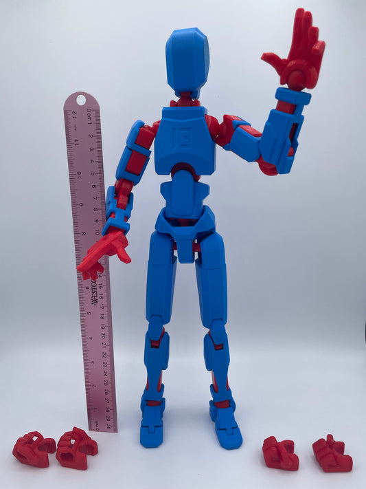 Mega Dummy 13 Action Figure 14.5 Inches Tall, Fully Articulated and Assembled, Blue and Red (2 Sets of Interchangeable Hands Included)
